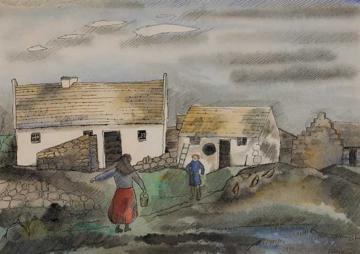 WOMAN CARRYING A BUCKET, COTTAGES BEYOND by Basil Ivan Rkczi (1908-1979) at Whyte's Auctions