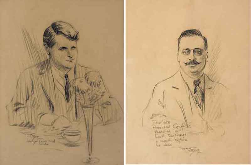 MICHAEL COLLINS IN THE JERMYN COURT HOTEL, LONDON and THE LATE PRESIDENT GRIFFITH SKETCHED IN GOVERNMENT BUILDINGS A MONTH BEFORE HE DIED, 1921 (A PAIR) by Frank Leah sold for 5,400 at Whyte's Auctions