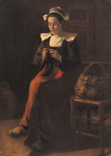 BRETON WOMAN SEATED IN INTERIOR, KNITTING by Aloysius C. OKelly sold for 19,000 at Whyte's Auctions