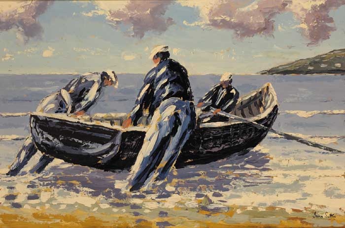 LAUNCHING THE CURRACH, ARAN MaR, ARAN ISLANDS, COUNTY GALWAY by Ivan Sutton sold for 2,800 at Whyte's Auctions