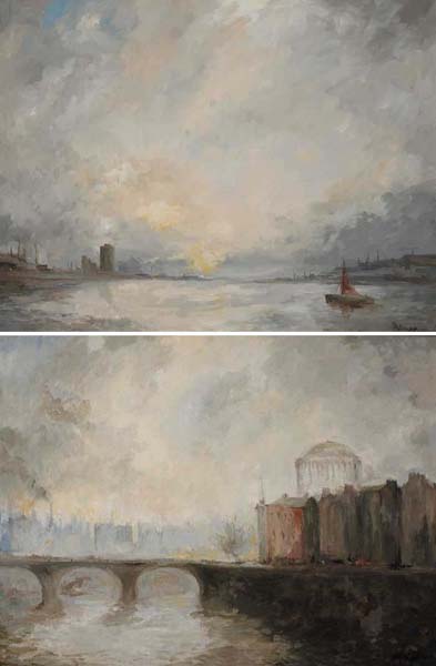 DUBLIN PORT and THE FOUR COURTS AND CAPEL STREET BRIDGE, DUBLIN (A PAIR) by Leo Earley sold for 2,300 at Whyte's Auctions