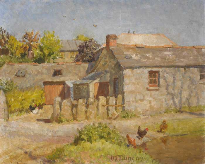 FARM BUILDINGS WITH HENS BY A POND by Mary Duncan sold for 1,000 at Whyte's Auctions