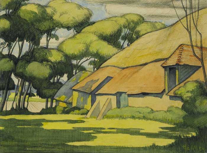 THATCHED HOUSE, TREES & FIELDS by Harry Epworth Allen RBA (1894-1958) at Whyte's Auctions