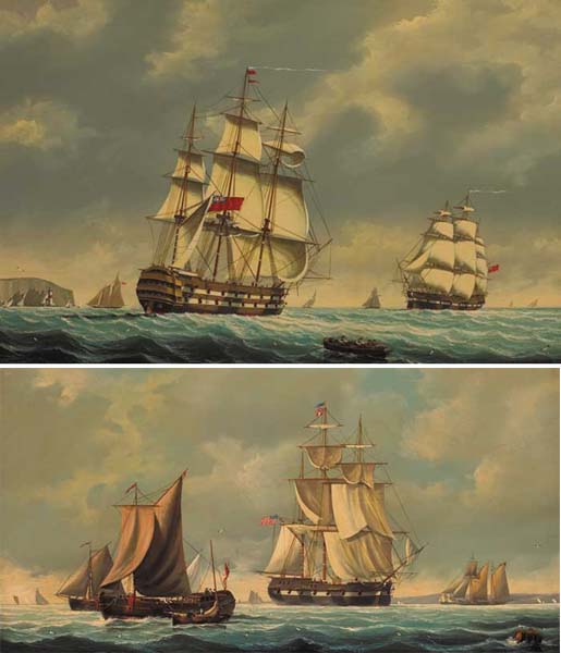A MAN OF WAR AND OTHER SHIPPING PASSING THE NEEDLES, ISLE OF WIGHT and COASTAL SCENE WITH AMERICAN MAN OF WAR AND OTHER SHIPS (A PAIR) by Salvatore Colacicco sold for 850 at Whyte's Auctions