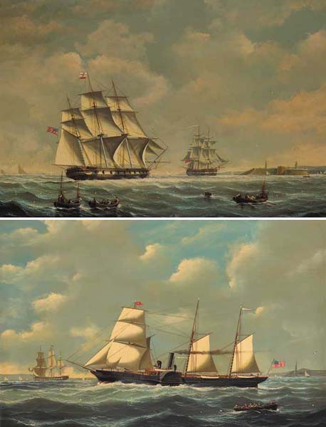 AN AMERICAN FRIGATE ENTERING KINGSTOWN HARBOUR, JAMAICA and THE PADDLE STEAMER MERCURY OFF NEW YORK IN THE GIRONDE (A PAIR) by Salvatore Colacicco sold for 1,100 at Whyte's Auctions