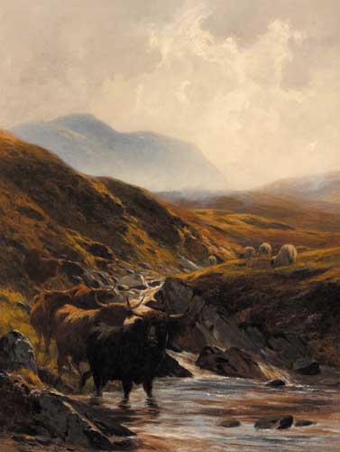 HIGHLAND CATTLE AND SHEEP BY A MOUNTAIN STREAM by Alfred Grey sold for 2,000 at Whyte's Auctions
