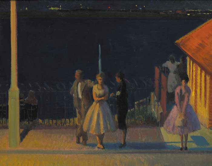 WAITING AT DOLLYMOUNT BUS SHELTER, EVENING by Patrick Leonard sold for 8,500 at Whyte's Auctions