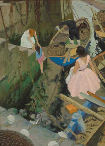 WOMAN, CHILDREN AND FISHERMAN AT THE STEPS OF LOUGHSHINNEY HARBOUR by Patrick Leonard sold for 12,000 at Whyte's Auctions
