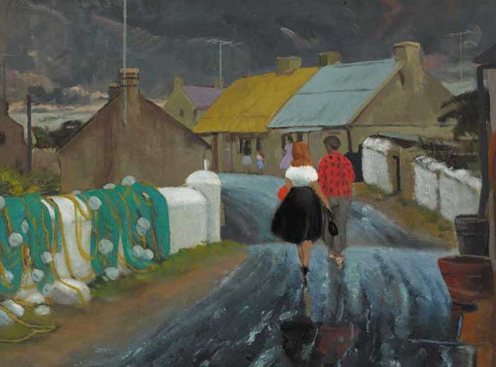 COUPLE WALKING DOWN A VILLAGE STREET AFTER RAIN by Patrick Leonard sold for 5,200 at Whyte's Auctions