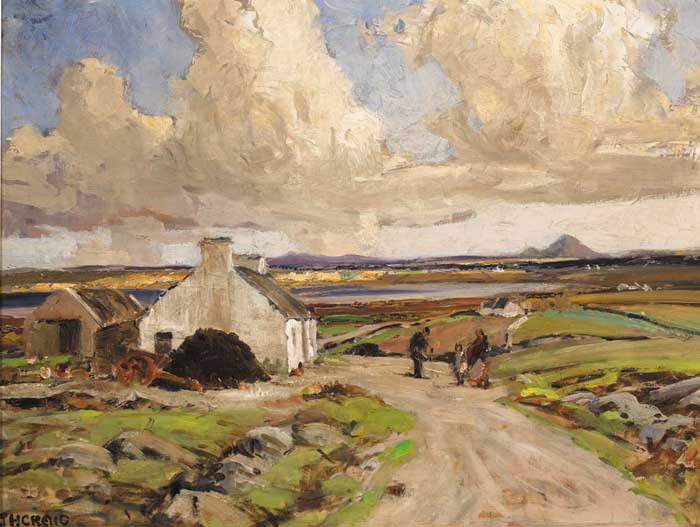 FIGURES ON A PATH BEFORE A COTTAGE, BAY AND MOUNTAINS BEYOND by James Humbert Craig sold for 12,000 at Whyte's Auctions