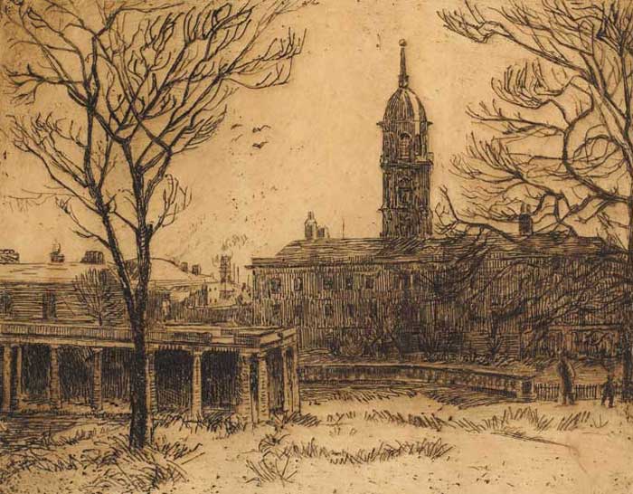 THE ROTUNDA HOSPITAL, DUBLIN, 1928; PORTMARNOCK; OLD CLOTHES SHOP NEAR CHRISTCHURCH; COLLECTING KINDLING and IN AN ORCHARD, 1916 (SET OF FIVE) by Estella Frances Solomons sold for 2,800 at Whyte's Auctions