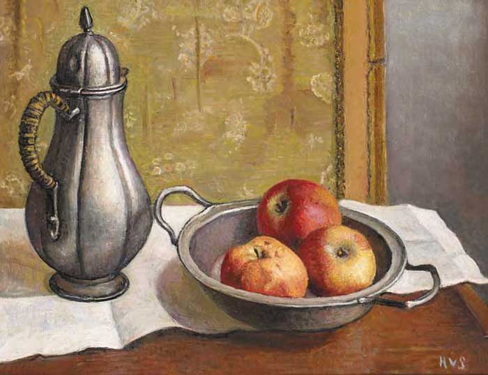 PEWTER, APPLES AND OLD SILK SCREEN, 1989 by Hilda van Stockum sold for 5,900 at Whyte's Auctions