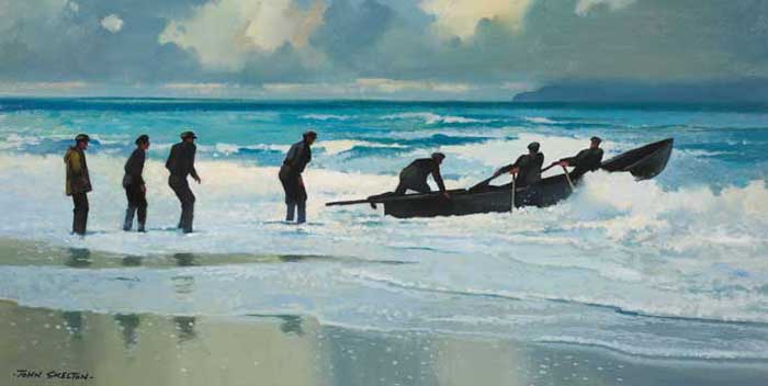 LAUNCHING THE CURRACH, ACHILL SOUND, 1986 by John Skelton sold for 9,500 at Whyte's Auctions
