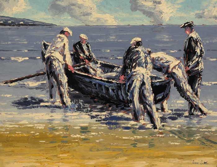 LAUNCHING THE CURRACH, ARAN MOR, COUNTY GALWAY by Ivan Sutton sold for 5,700 at Whyte's Auctions