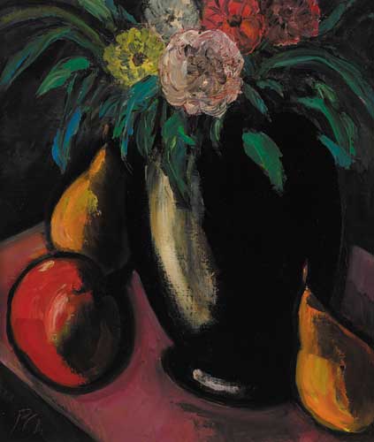 STILL LIFE WITH FLOWERS IN A BLACK VASE AND FRUIT by Peter Collis sold for 4,800 at Whyte's Auctions