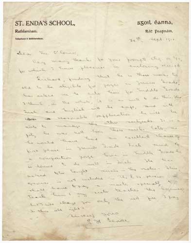 Autograph manuscript letter dated 20 September 1910. by Padraig Pearse sold for 7,000 at Whyte's Auctions