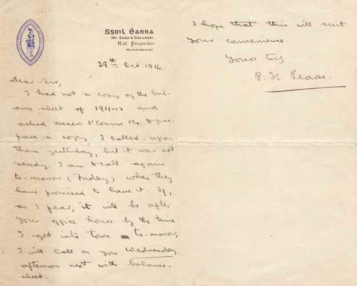 Handwritten letter concerning his financial affairs, which were perilous at the time. by Padraig Pearse sold for 8,400 at Whyte's Auctions