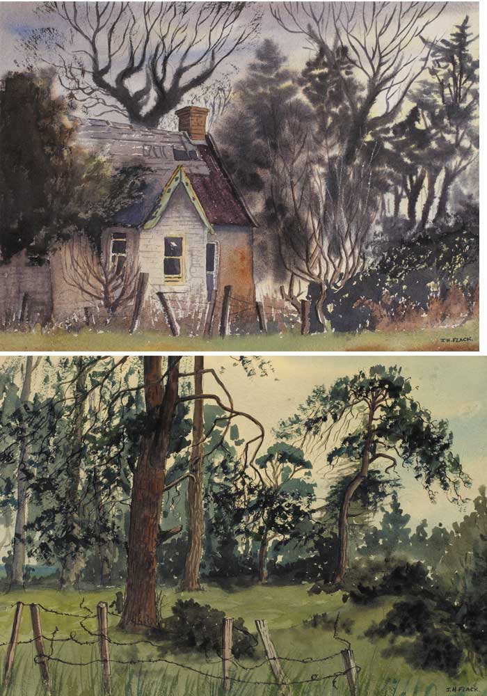 DERELICT COTTAGE and ON THE EDGE OF A WOODLAND (A PAIR), 1978 by James Hall Flack sold for 370 at Whyte's Auctions
