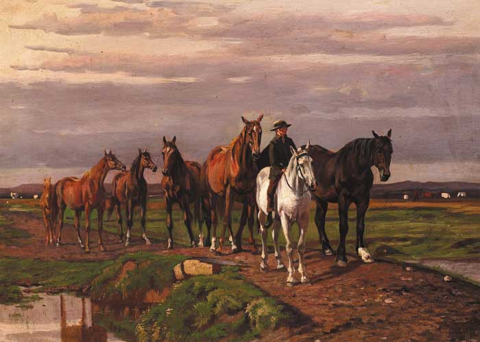 MOUNTED RIDER LEADING A HERD OF HORSES OVER A STREAM by Augustus Nicholas Burke sold for 3,700 at Whyte's Auctions
