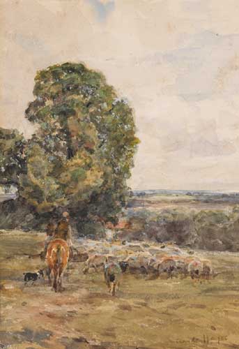 SHEPHERD AND DOG HERDING SHEEP by Claude Hayes sold for 500 at Whyte's Auctions