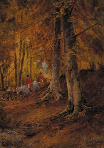 HUNTSMEN AND HOUNDS IN A BEECH WOOD, 1907 by Sam Garratt sold for 370 at Whyte's Auctions