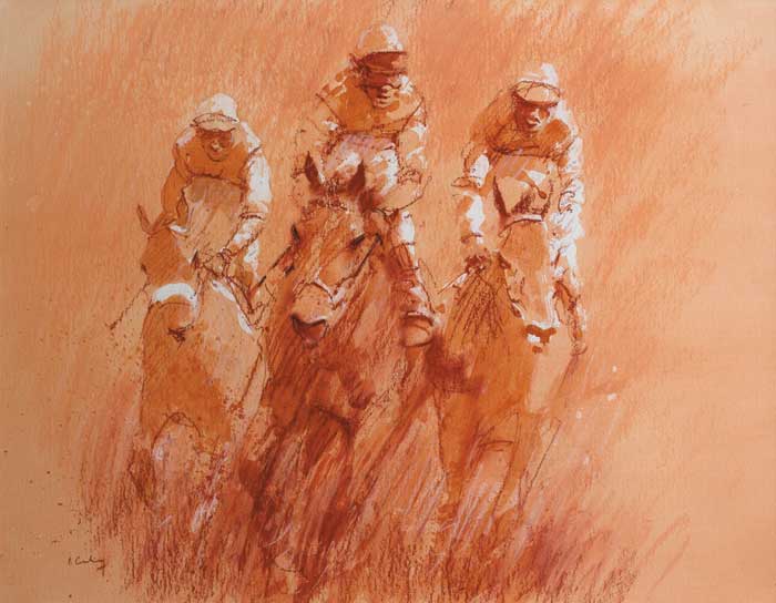 RACING SCENE - THREE JOCKEYS UP by Peter Curling sold for 6,000 at Whyte's Auctions
