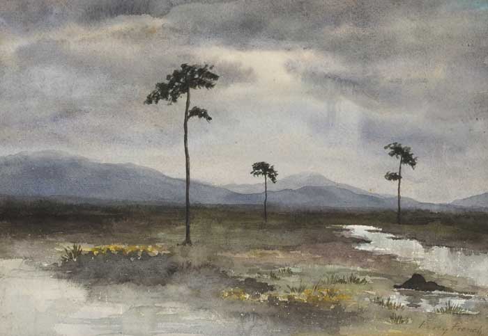 BOGLAND LANDSCAPE WITH TREES AND MOUNTAINS BEYOND by William Percy French sold for 8,000 at Whyte's Auctions