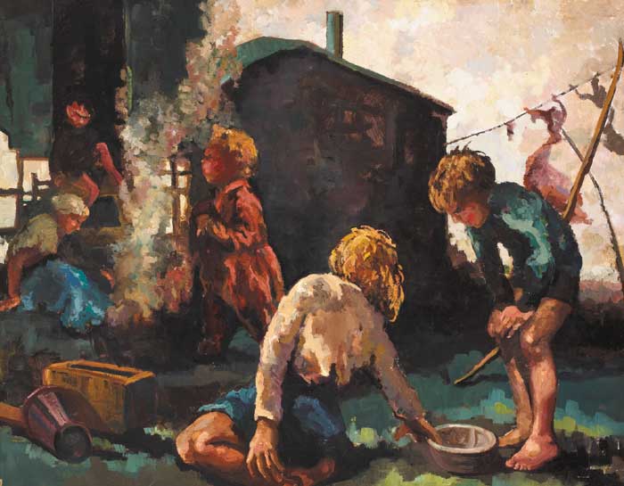CHILDREN OUTSIDE A GYPSY CARAVAN, 1935 by Patricia Griffith sold for 4,000 at Whyte's Auctions