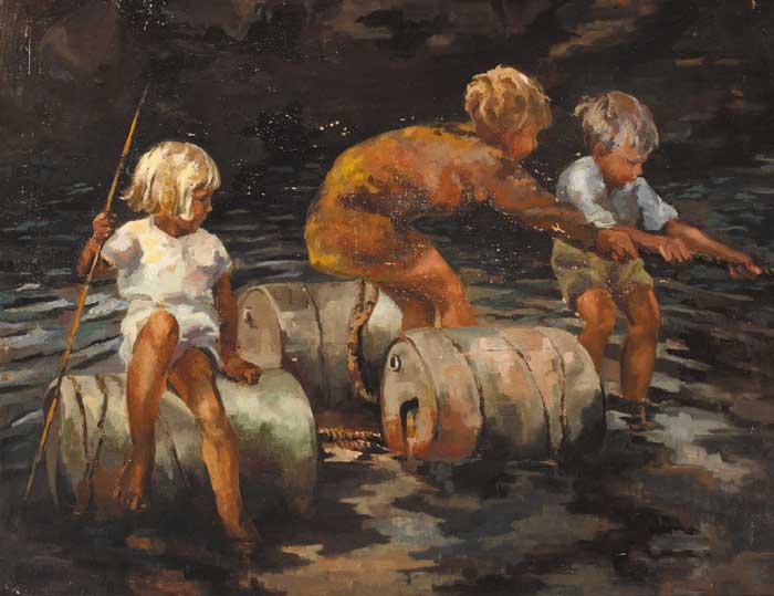RIVER SCENE WITH CHILDREN AND OIL-DRUMS by Patricia Griffith sold for 9,800 at Whyte's Auctions