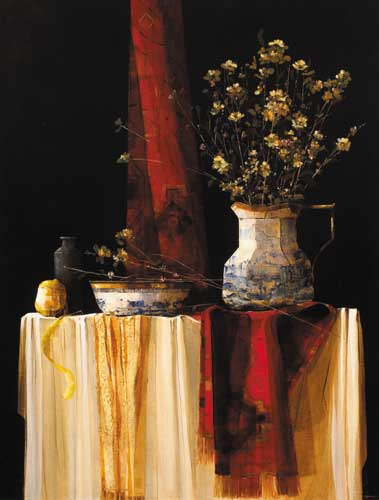 STILL LIFE WITH FLOWERS, TAPESTRY AND SILK ON WHITE, 1994 by Martin Mooney sold for 17,000 at Whyte's Auctions