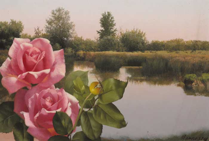 LAKE AND ROSES, 1973 by Patrick Hennessy sold for 12,500 at Whyte's Auctions