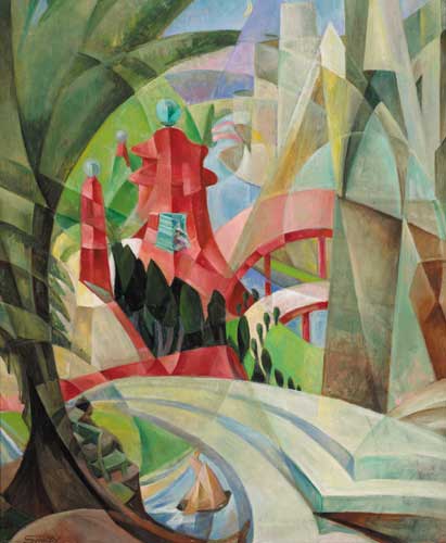 CUBIST LANDSCAPE WITH RED PAGODA AND BRIDGE, circa 1926-28 by Mary Swanzy sold for 180,000 at Whyte's Auctions