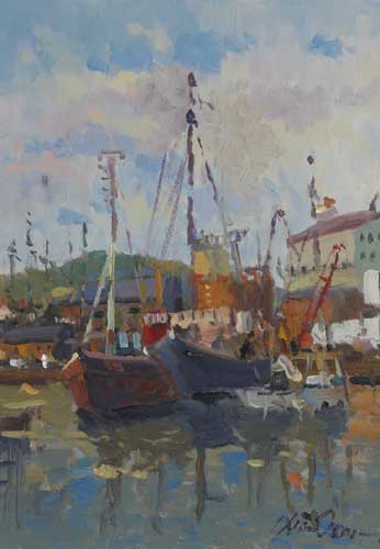 FISHING BOATS IN A HARBOUR by Liam Treacy sold for 3,200 at Whyte's Auctions
