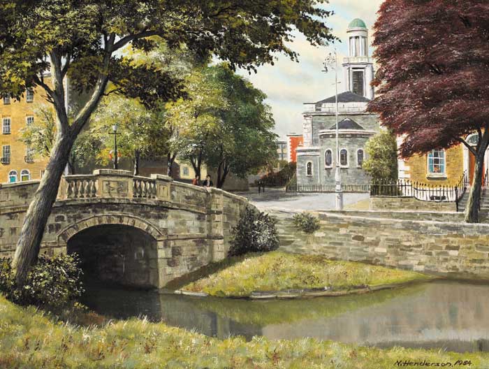 HUBAND BRIDGE AND THE PEPPERCANISTER CHURCH, DUBLIN, 1984 by Neville Henderson sold for 1,000 at Whyte's Auctions