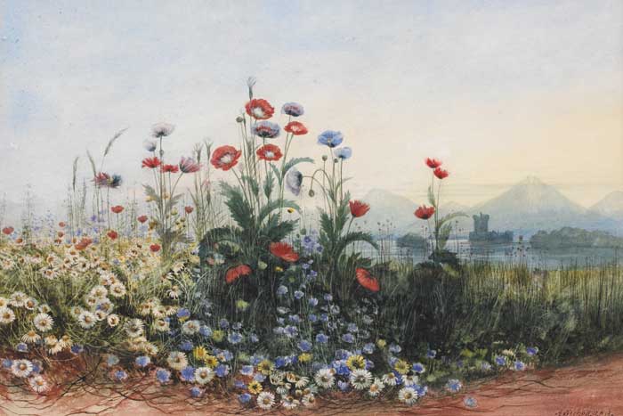 BANK OF WILDFLOWERS WITH A ROSS CASTLE, KILLARNEY, IN THE DISTANCE by Andrew Nicholl sold for 14,000 at Whyte's Auctions