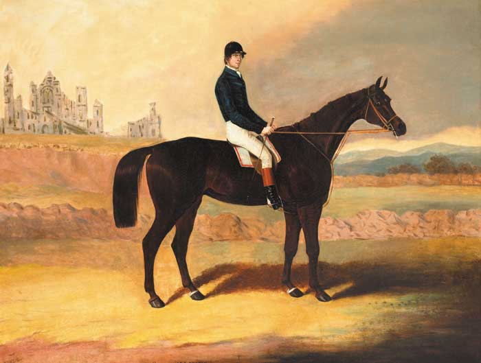 A DARK BAY RACEHORSE WITH JOCKEY UP AND A VIEW OF ABBEY RUINS BEYOND by Samuel Spode sold for 8,500 at Whyte's Auctions