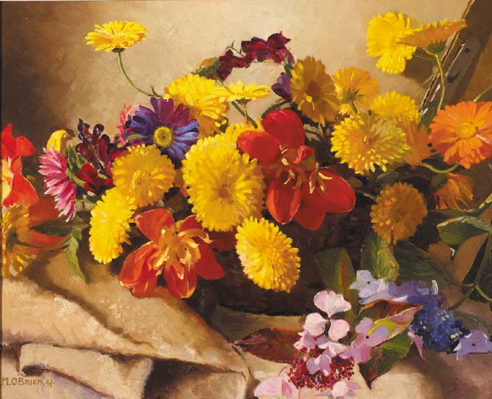 BASKET OF FLOWERS (CHRYSANTHEMUM, DAISIES, LILIES AND HYDRANGEA), 1947 by Geraldine O'Brien sold for 3,200 at Whyte's Auctions