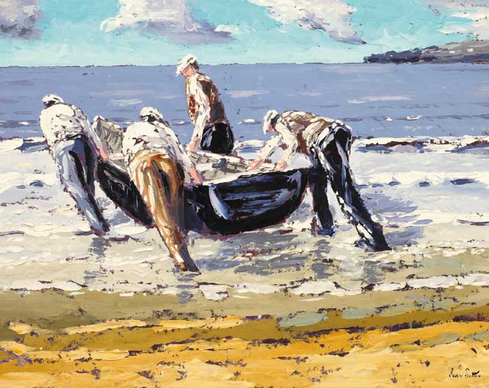 LAUNCHING THE CURRACH, INISHEER, ARAN ISLANDS by Ivan Sutton sold for 8,500 at Whyte's Auctions
