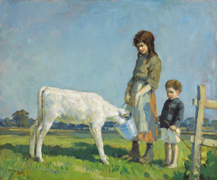 CHILDREN FEEDING A CALF, circa 1920 by Frank McKelvey sold for 76,000 at Whyte's Auctions