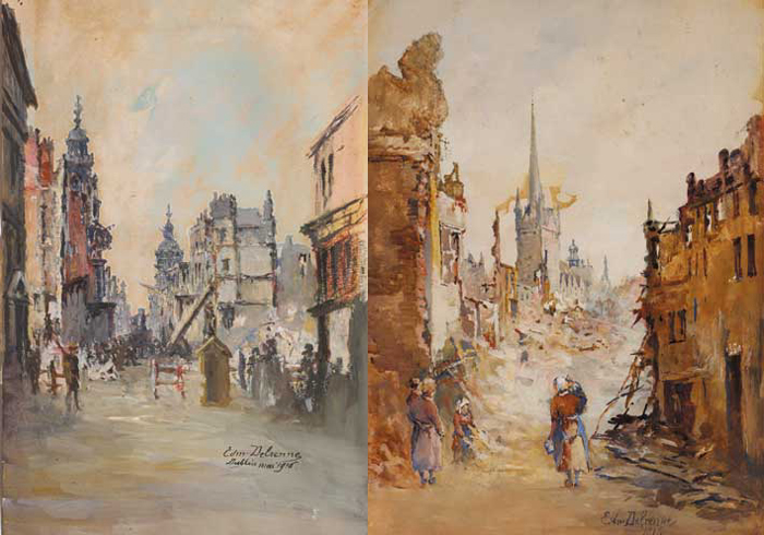 HENRY STREET, DUBLIN, AFTER THE EASTER RISING, 1916 and WOMEN AND CHILDREN BEFORE CITY RUINS, 1916 (A PAIR) by Edmond Delrenne sold for 4,200 at Whyte's Auctions