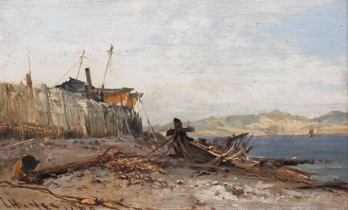 OLD PIER, OLD WRECK, OLD ANCHORS AT PADSTOW BEACH, 1879 by Edwin Hayes sold for 5,700 at Whyte's Auctions