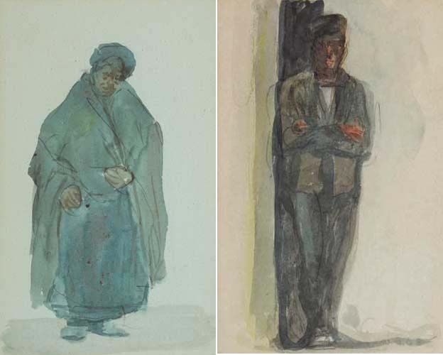 DUBLINERS - OLD WOMAN IN SHAWL and MAN IN A CAP LEANING IN A DOORWAY (A PAIR) by Michael Healy sold for 1,500 at Whyte's Auctions