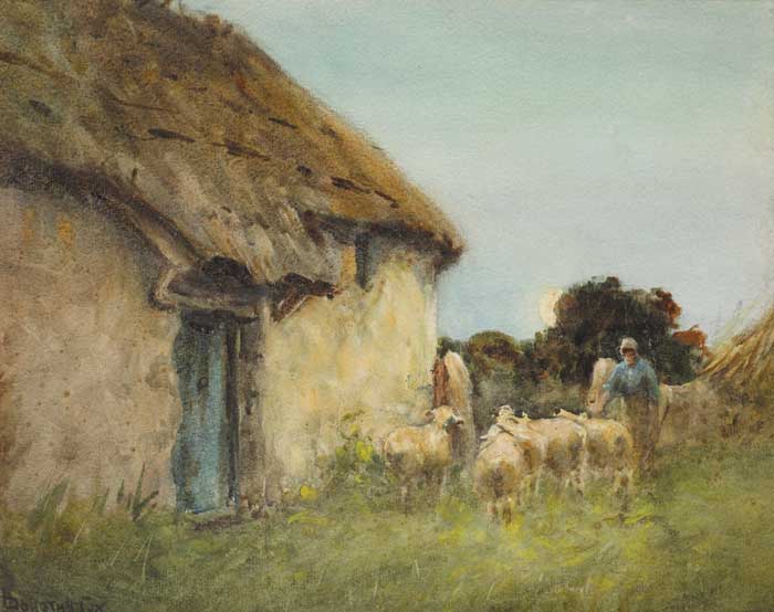 WOMAN HERDING SHEEP OUTSIDE A THATCHED CROFT by Dorothy M. Cox sold for 700 at Whyte's Auctions