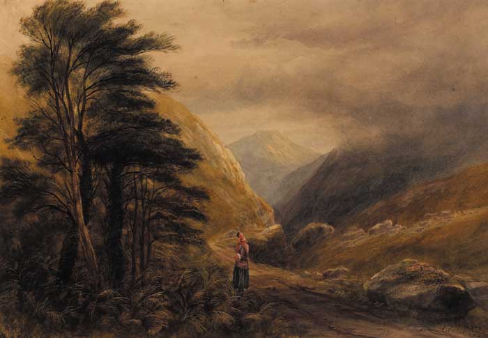 A WOMAN ON A MOUNTAIN PATH by Andrew Nicholl sold for 1,200 at Whyte's Auctions