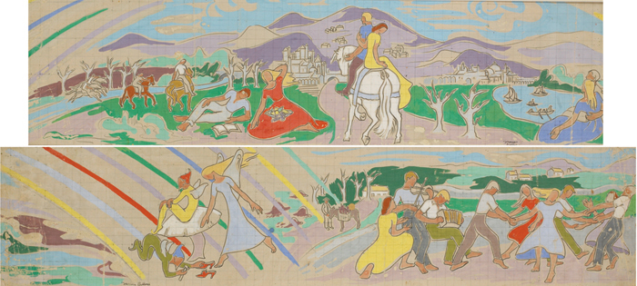 YOUNG COUPLE ON HORSEBACK HEADING TOWARDS TIR NA OIG and THE DANCERS  TWO STUDIES FOR A MURAL FOR BUTLINS HOLIDAY CENTRE (A PAIR) by Frances J. Kelly sold for 1,300 at Whyte's Auctions