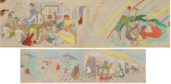 THE STORYTELLER and WOMAN WITH SPINNING WHEEL  TWO DESIGNS FOR MURAL DECORATIONS (A PAIR) by Frances J. Kelly sold for 1,300 at Whyte's Auctions