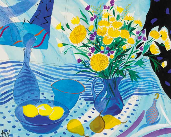BLUE STILL LIFE WITH FLOWERS AND MATISSE PRINT by Nicholas Hely Hutchinson sold for 2,000 at Whyte's Auctions