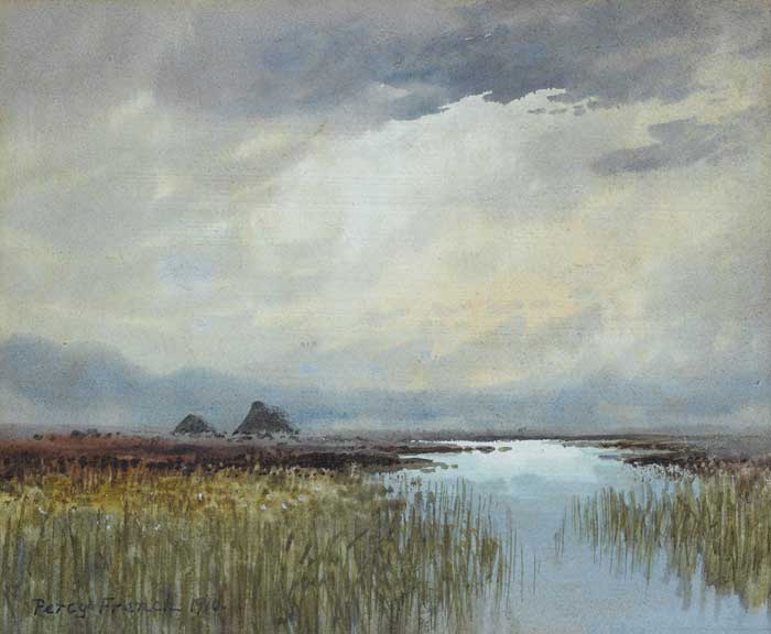 BOG LANDSCAPE WITH TURF STACKS, 1910 by William Percy French sold for 8,000 at Whyte's Auctions