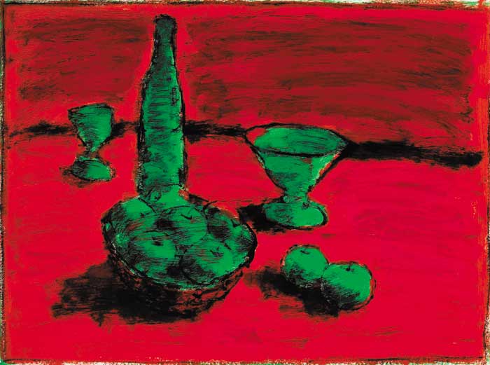 WINE BOTTLE AND GOBLETS WITH BOWL OF APPLES, 1996 by Neil Shawcross sold for 6,800 at Whyte's Auctions