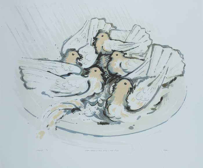 PIGEONS BATHING IN A BASIN DURING A SHOWER OF RAIN by Liam O Broin sold for 420 at Whyte's Auctions